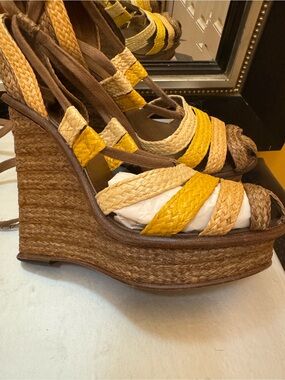 Bottega Veneta Yellow and Natural Braided Wedge Sandals